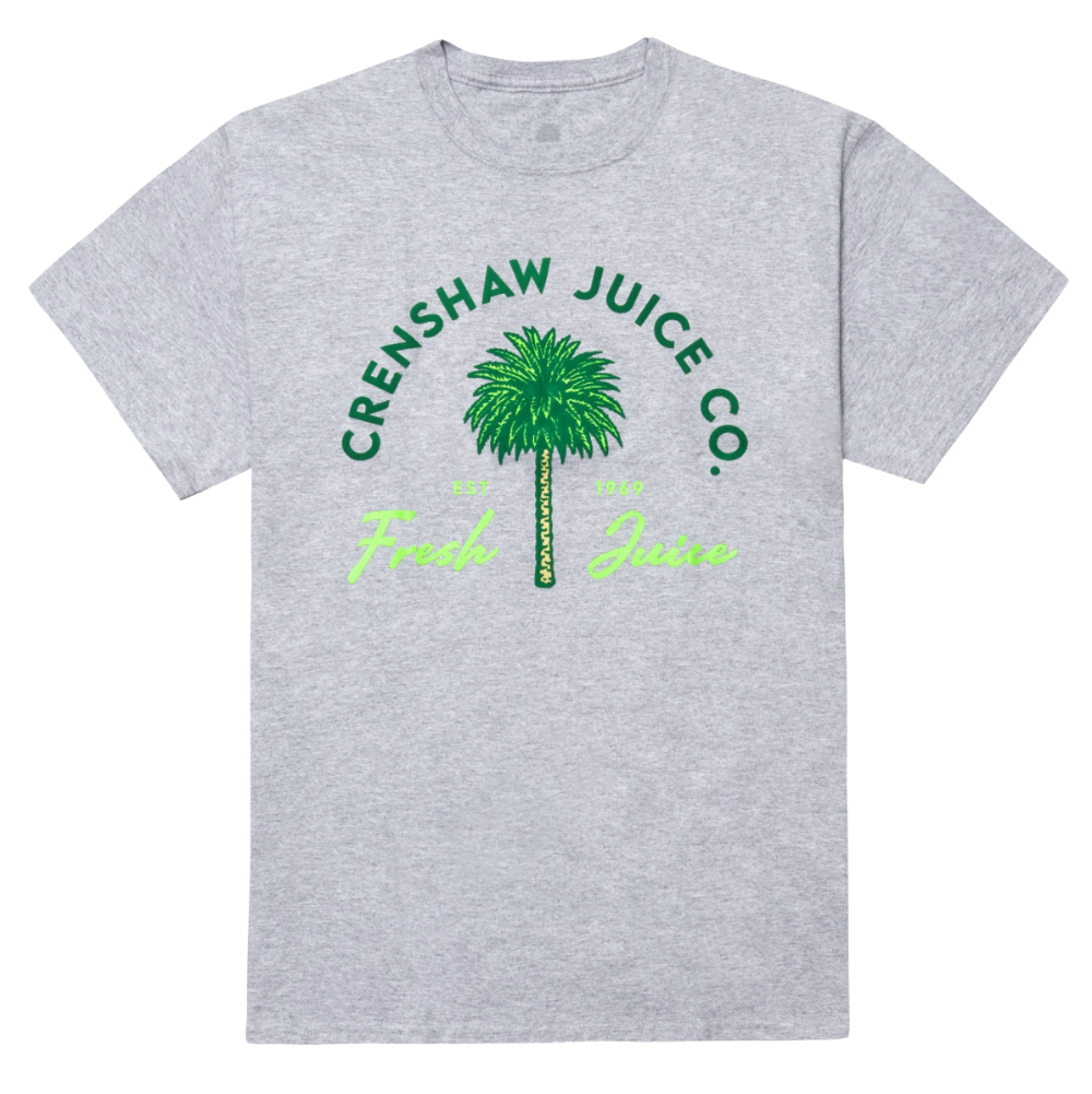 Gray t-shirt with Crenshaw Juice Co. logo featuring a palm tree and 'Fresh Juice' text on a white background.