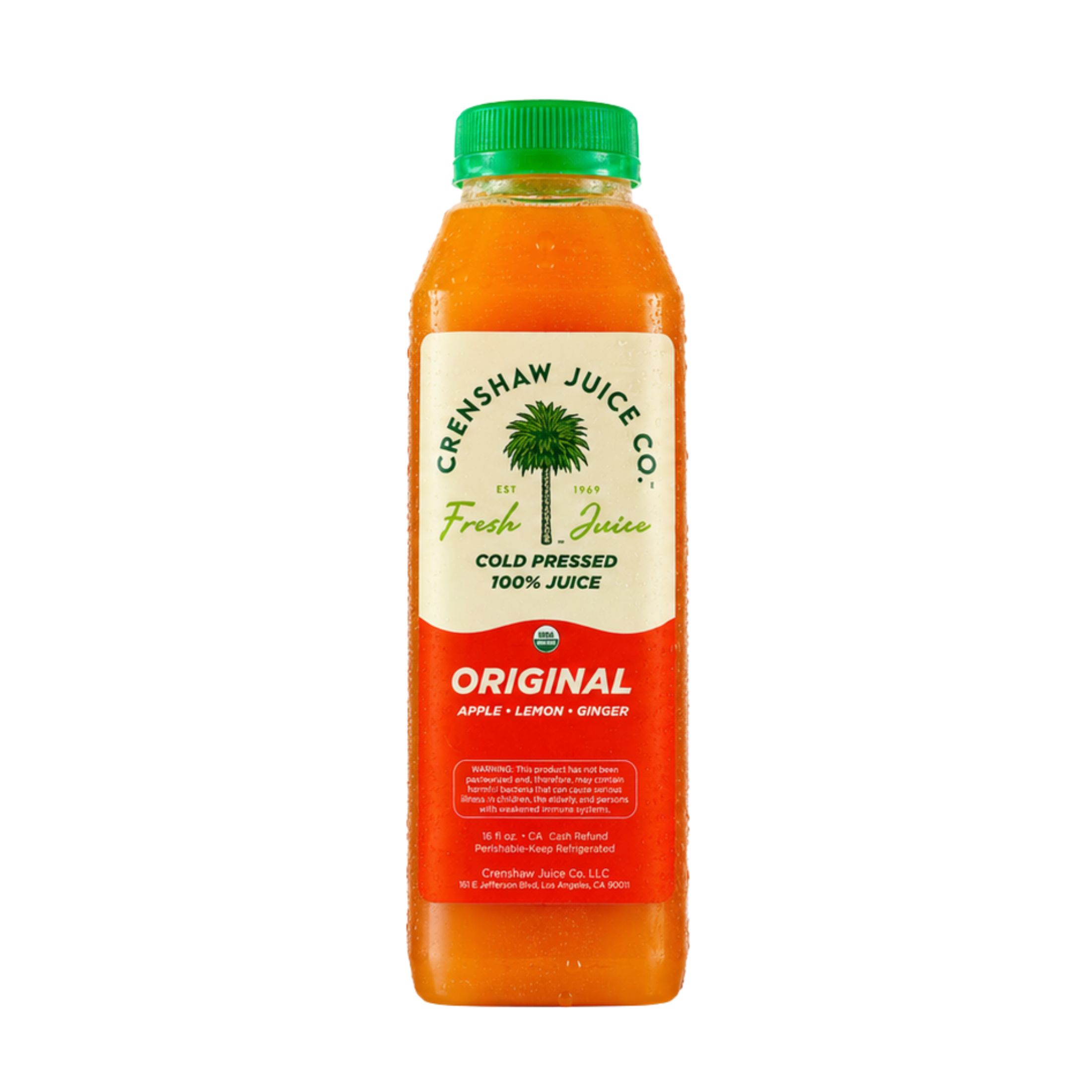 Crenshaw Juice Co. bottle of cold pressed juice on a white background