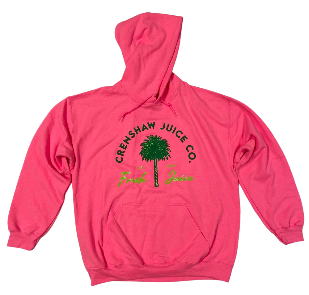 Pink hoodie with 'Crenshaw Juice Co.' logo on a white background