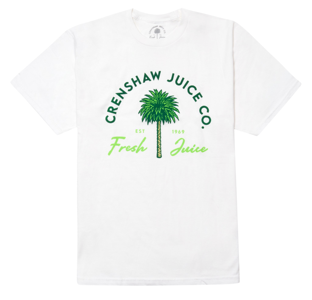 White t-shirt with Crenshaw Juice Co. logo featuring a palm tree on a white background
